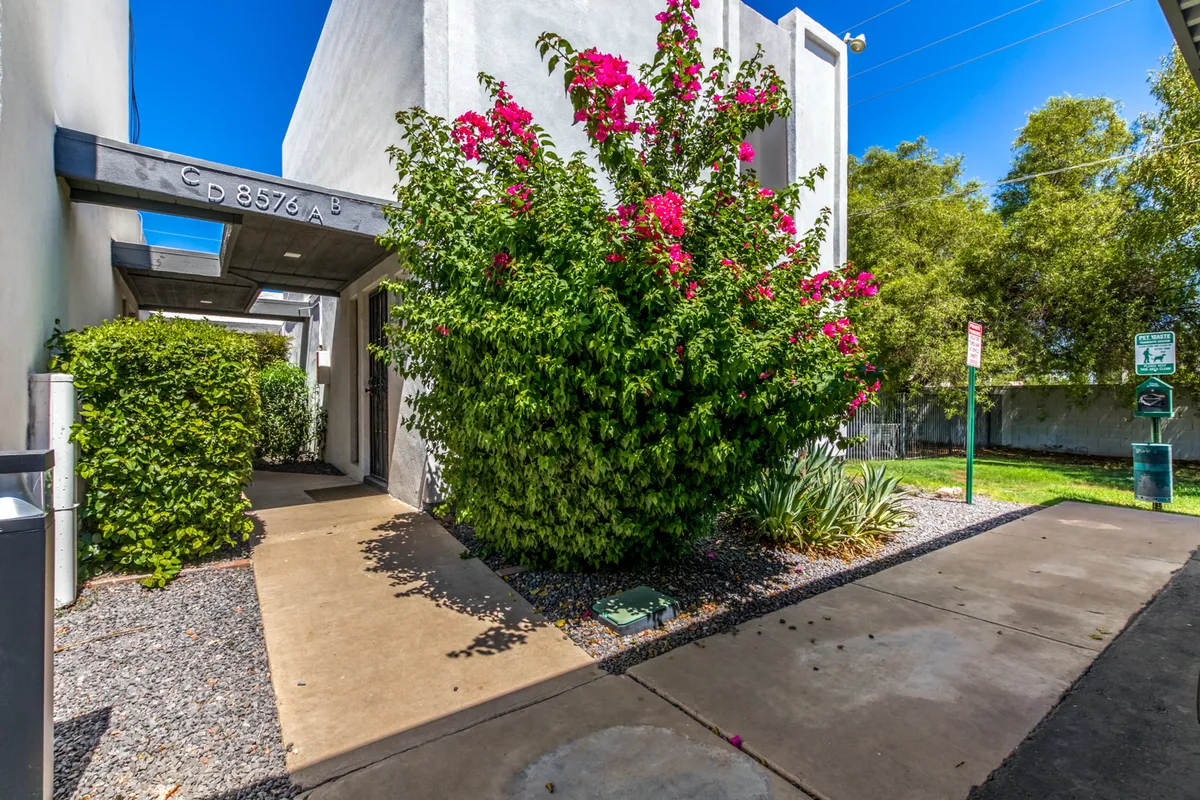 A delightful exterior scene with vivid pink flowers, lush shrubs, and a clean pathway. The inviting greenery and floral colors create a welcoming environment for families to stroll and children to play.