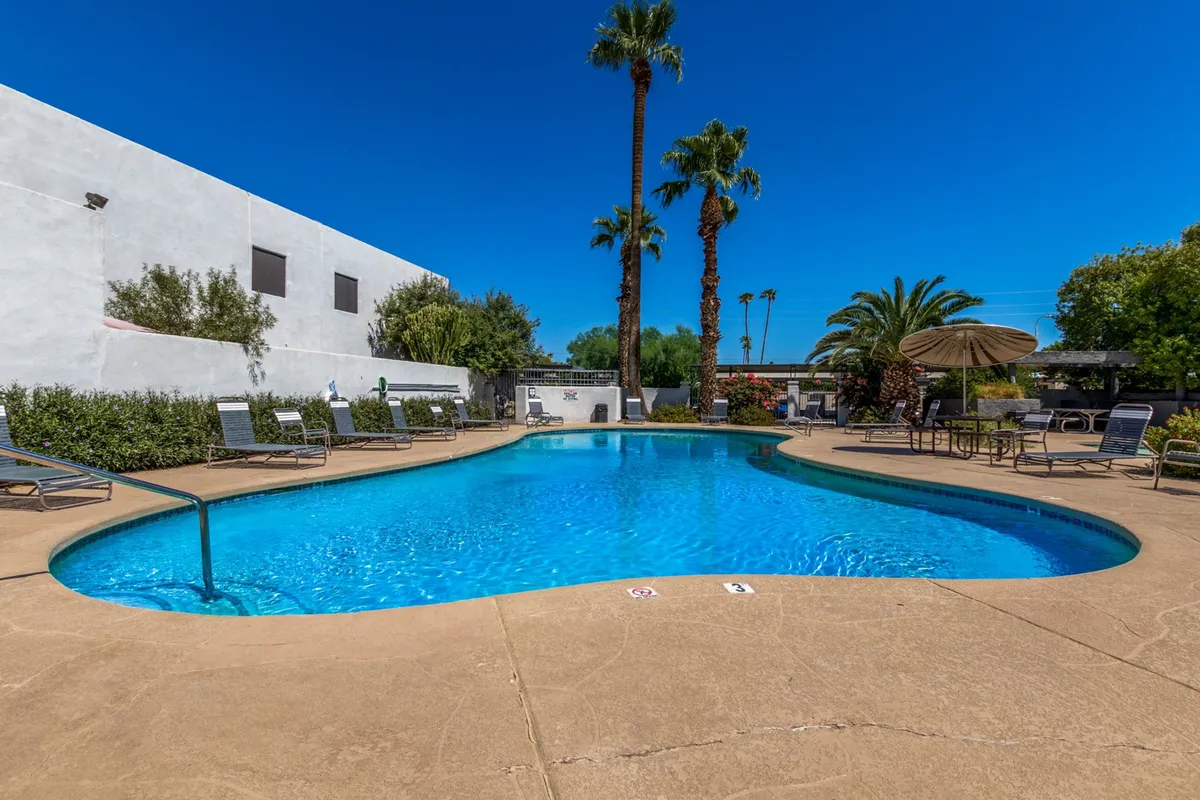 The image shows the sparkling swimming pool surrounded by swaying palm trees, inviting lounge chairs, and a shaded umbrella. The scene is bathed in soft light, suggesting the perfect spot for sunset swims, poolside relaxation, and enjoying cocktails with friends or a loved one.